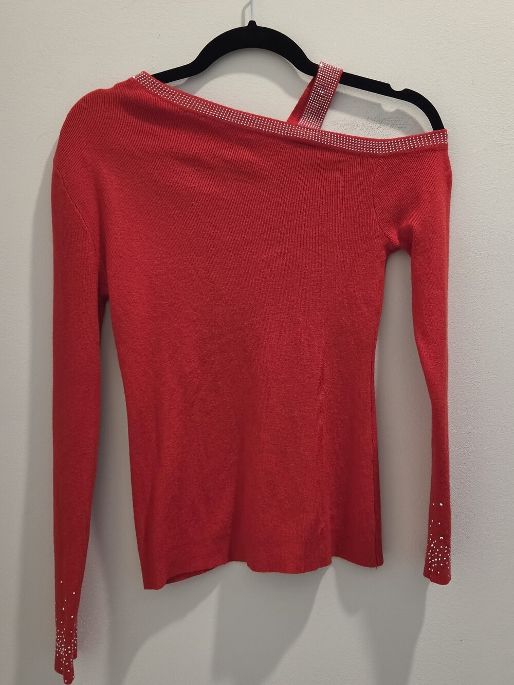 Red Bedazzled Off The Shoulder Asymmetrical Sweater Holiday Christmas